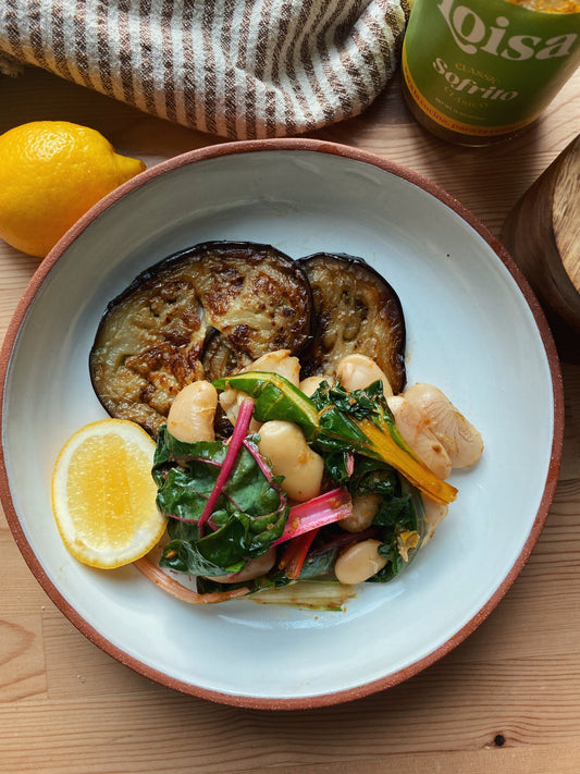 Sofrito Beans and Swiss Chard with Eggplant
