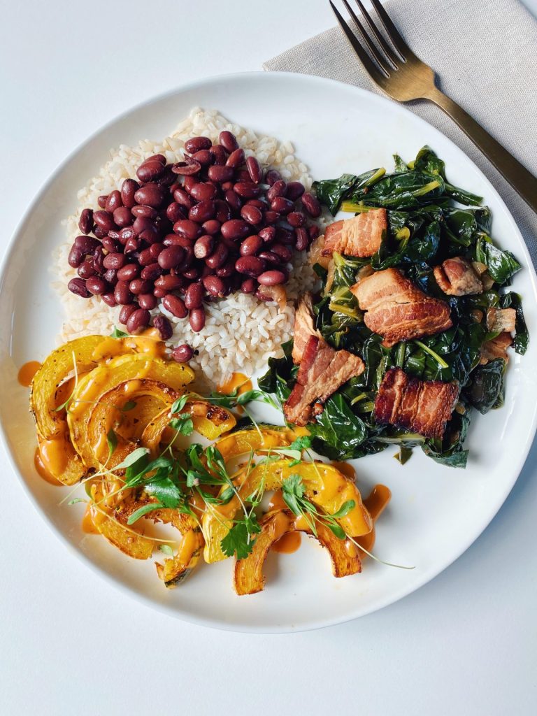 COMFORTING BACON COLLARD GREENS WITH RICE, BEANS & DELICATA SQUASH